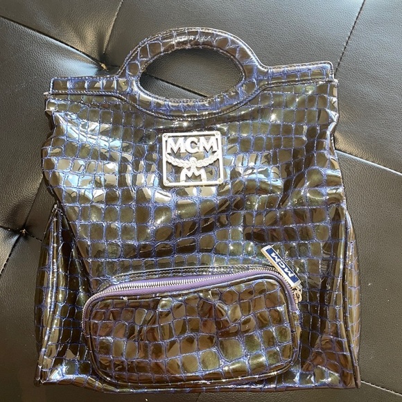 MCM Blue Crocodile Embossed Patent Leather Bag - Picture 9 of 10